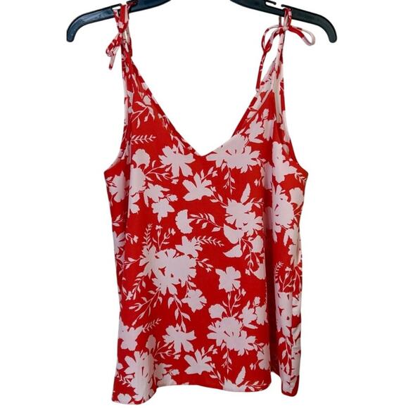 River Island Red & White Floral Print Tie-Strap Sleeveless V-Neck Top Size 10 - Picture 2 of 8